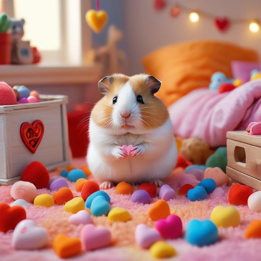 A cozy indoor setting featuring a playful hamster in a heart-shaped habitat filled with colorful toys and cozy bedding. Surround it with gentle, warm lighting and soft pastel colors to evoke a sense of love and care. Include elements like a nurturing human hand gently holding the hamster, symbolizing devotion. Vibrant, charming details like tiny love hearts scattered around. super-realistic. vibrant colors.