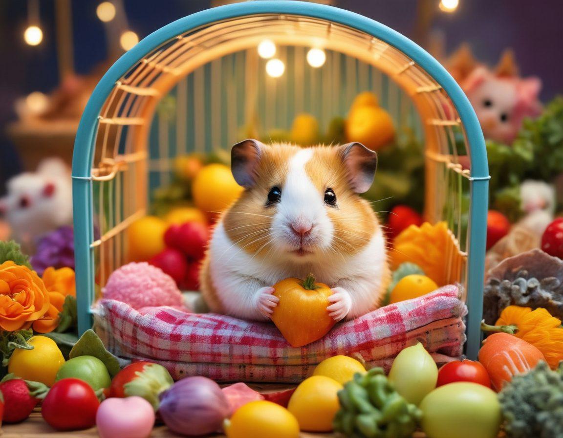 A cozy scene of a fluffy hamster nestled in a colorful, well-decorated cage with soft bedding, small tunnels, and vibrant toys. Surrounding the cage are loving hands gently offering fresh fruits and veggies as treats, with a warm light illuminating the space to express a nurturing atmosphere. A heart-shaped motif subtly integrated into the background, symbolizing love for pets. super-realistic. vibrant colors. warm lighting.